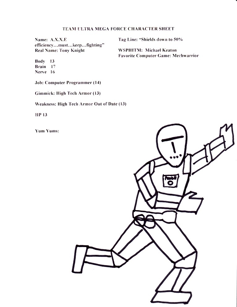 A later, QAGS 1E version of the character sheet for A.X.X.E. with the art from the original game. I'm pretty sure this is one of the few I drew.